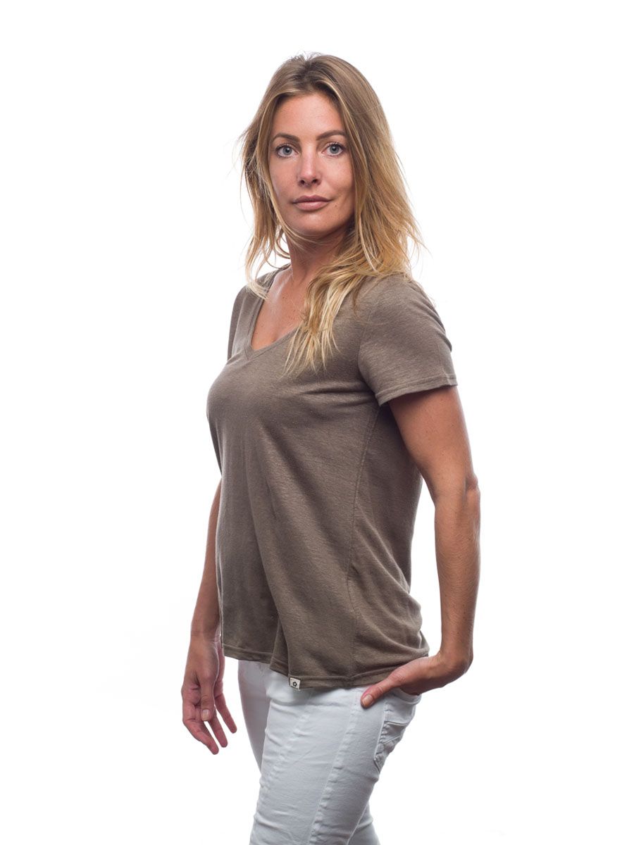 T-shirt col V femme lin - Kaki - Made In France